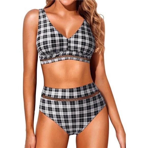 High Waisted Bikini Twist Front Lace Up Push Up Ruched 2 Piece Swimsuit